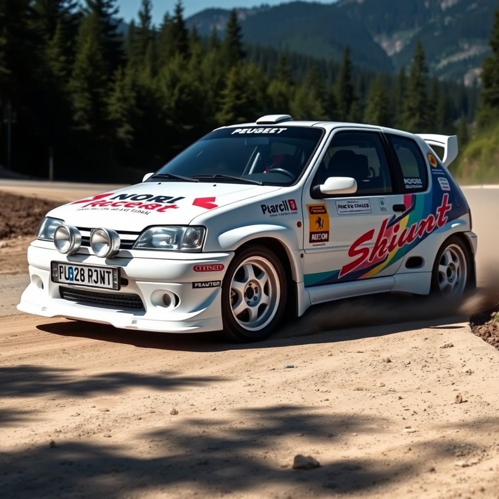 A white Peugeot 106 XSi, modified and prepared for rally racing, adorned with colorful racing stickers and decals that enhance its sporty look