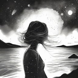 Sketch a side-profile woman set against a scenic beach sunset, while in the backdrop colliding galaxies create a dramatic transition from vibrant colors to black and white.