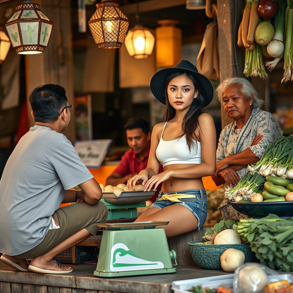 A young woman sits at a traditional market stall, selling fresh vegetables like potatoes, green onions, and cabbage