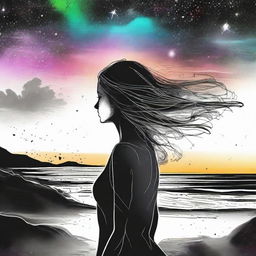 Sketch a side-profile woman set against a scenic beach sunset, while in the backdrop colliding galaxies create a dramatic transition from vibrant colors to black and white.