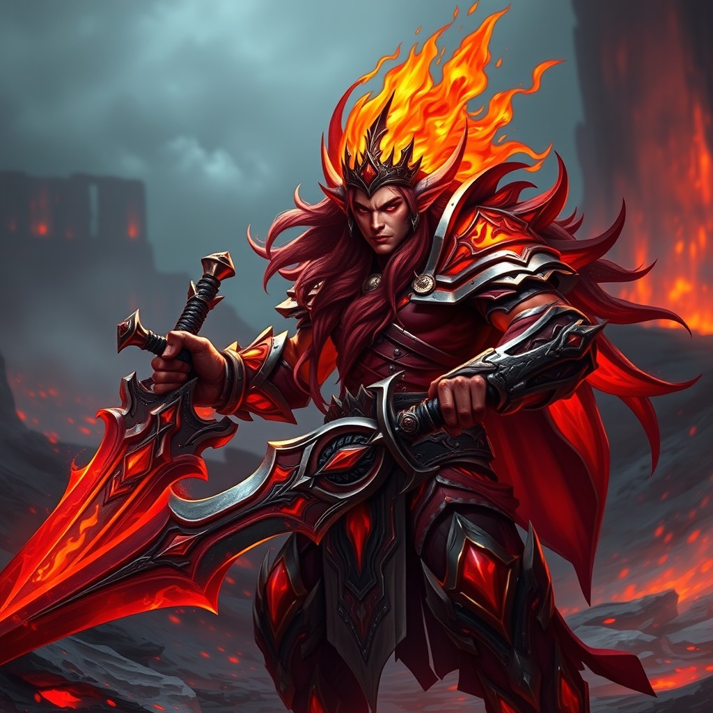 A fierce Blood Elf character from the World of Warcraft universe, adorned in fiery armor radiating a vibrant red and orange glow