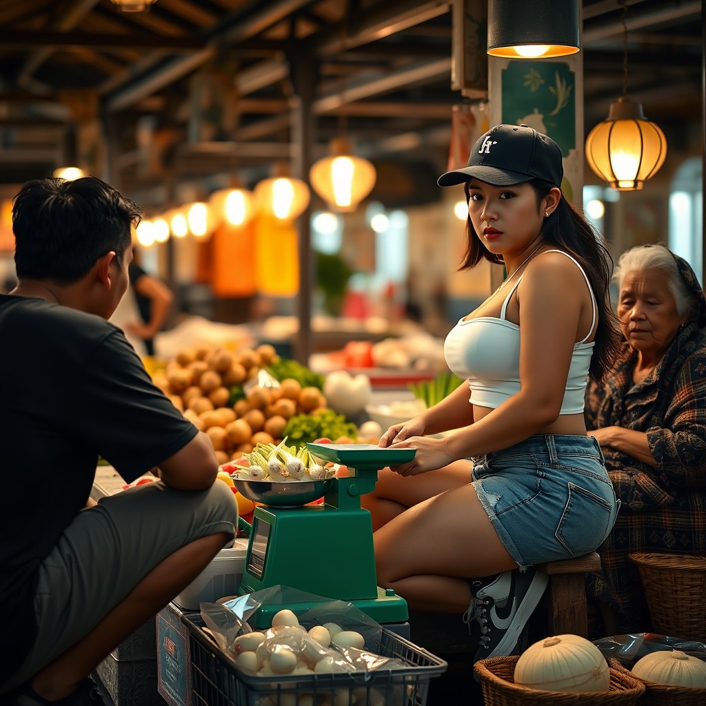 A young Korean woman with a curvy figure sits at a traditional market stall, selling fresh vegetables like potatoes, green onions, and cabbage