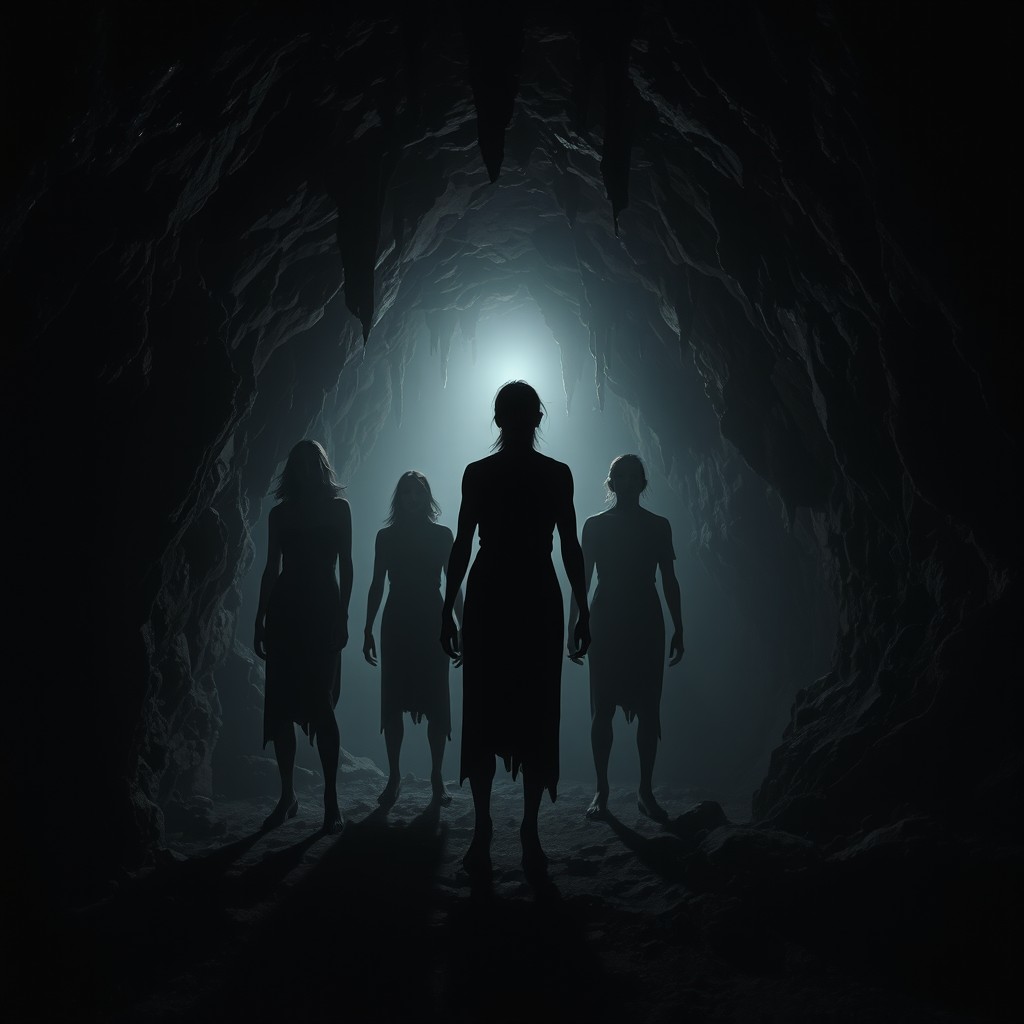 In a dark, eerie cave, ominous shadows loom with a peculiar perspective resembling people without legs