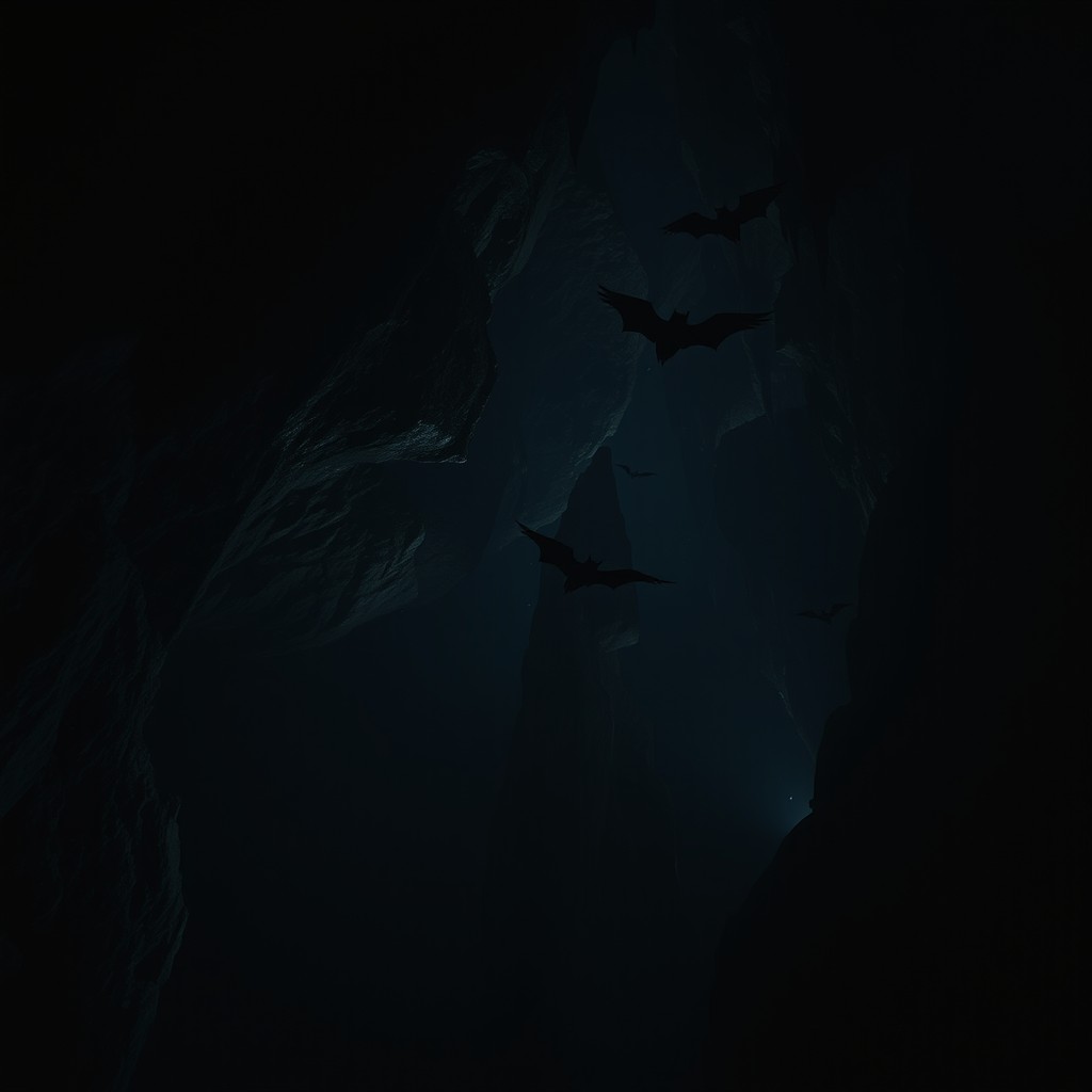 In a dark and haunting cave, ominous flying shadows dance through the air, creating an unsettling and mysterious atmosphere