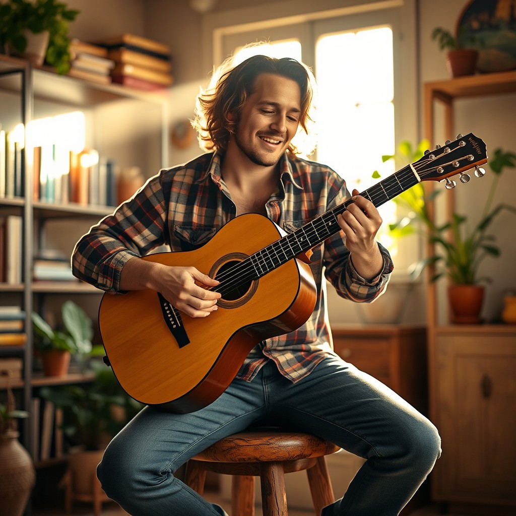 A man passionately playing an acoustic guitar, seated on a rustic wooden stool in a cozy room filled with warm light
