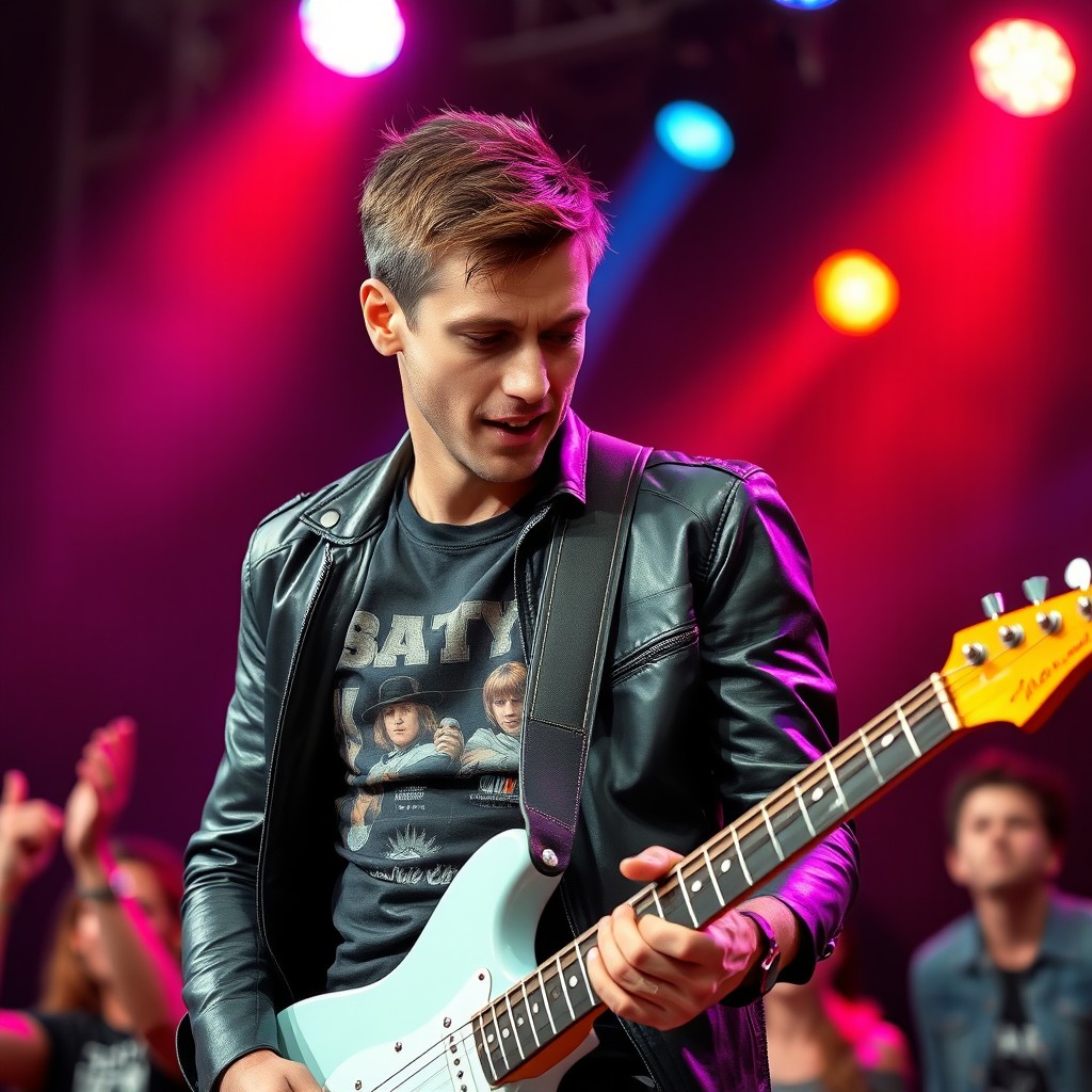 A man immersed in playing an electric guitar on stage, showcasing an energetic performance