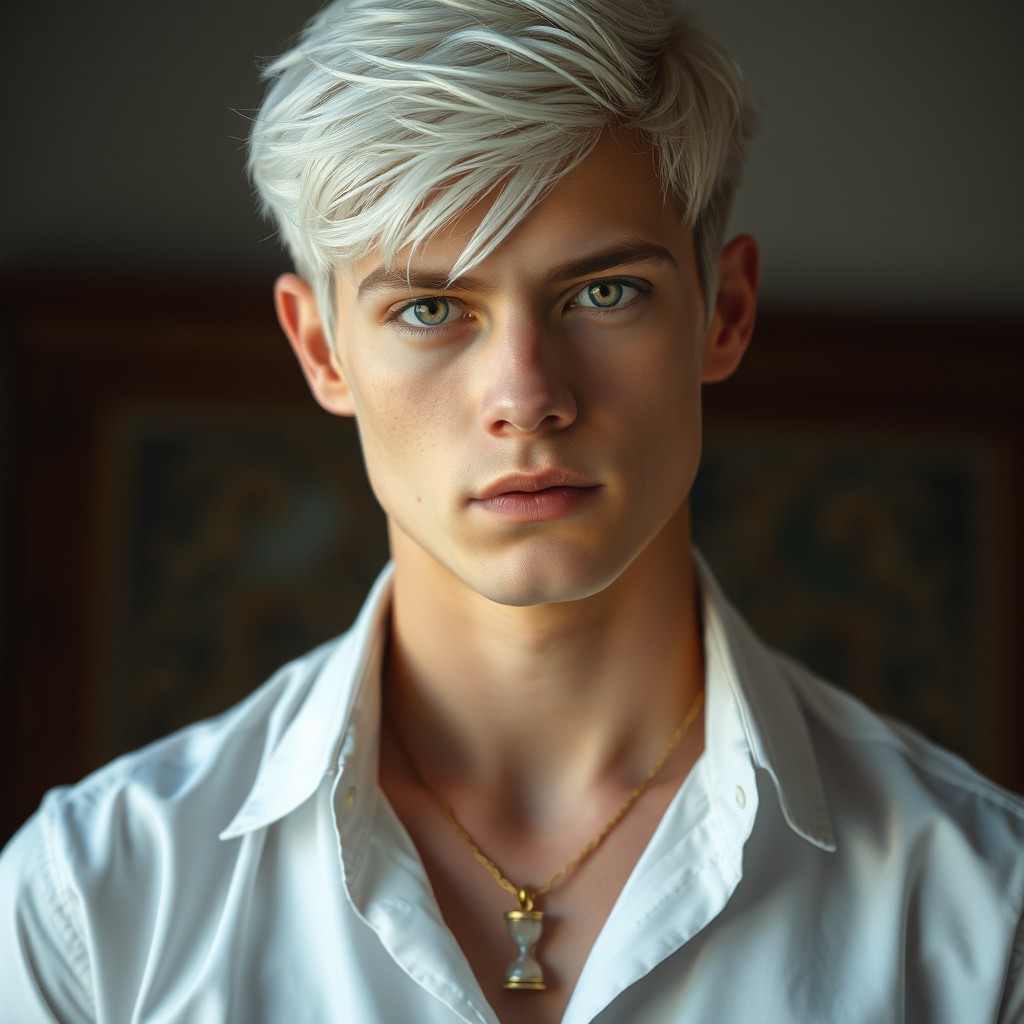 A young man around twenty-five years old, with striking white hair and an insightful gaze that reflects intelligence and depth