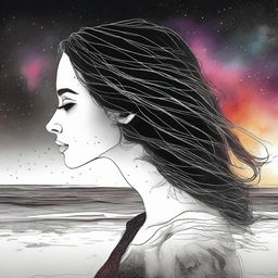 Generate a drawing of a side-profile woman against a beach sunset. Diverging galaxies in the background create an artistic transition from vivid colors to dramatic black and white.