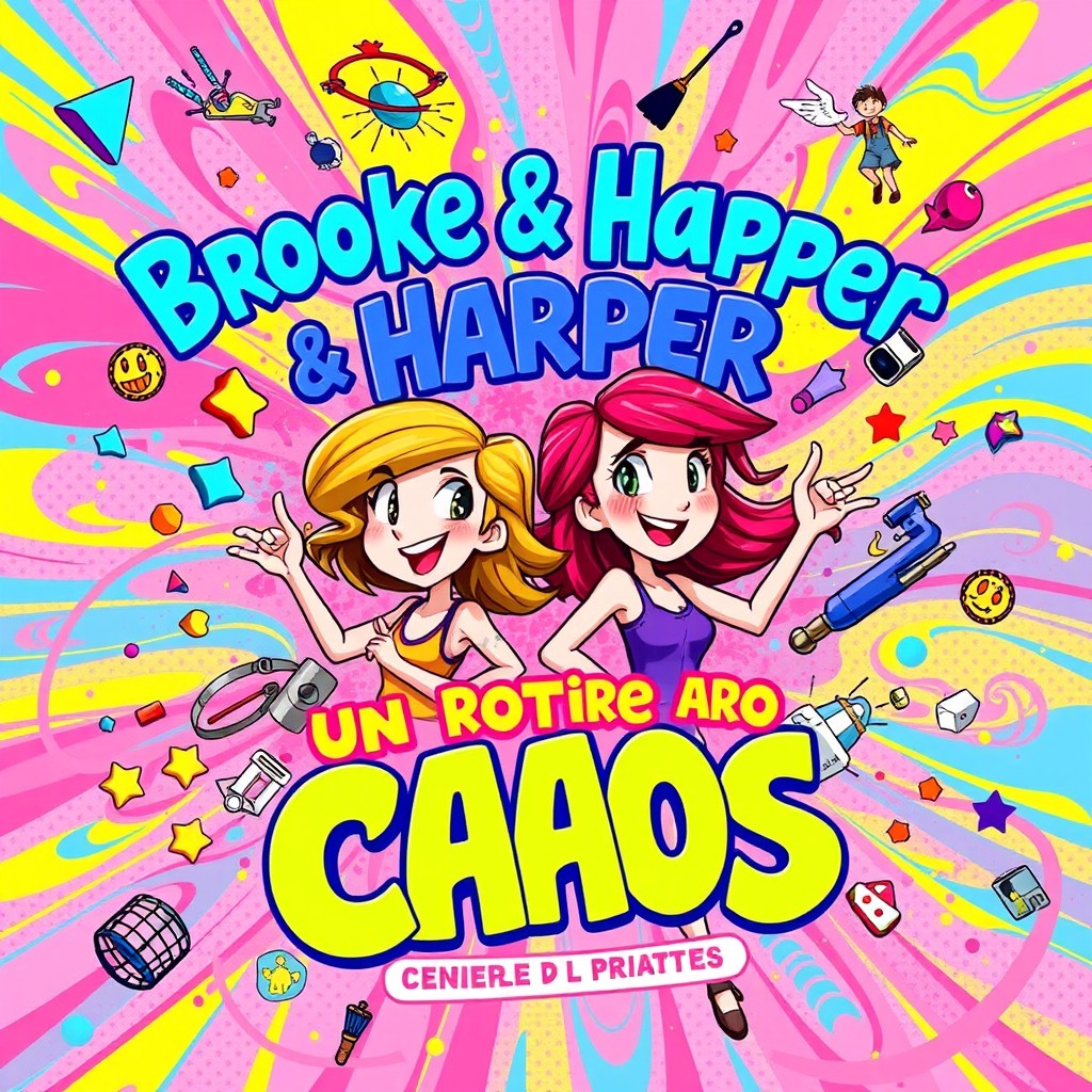 A vibrant and colorful illustration representing the title 'Brooke & Harper: Um Roteiro para o Caos'