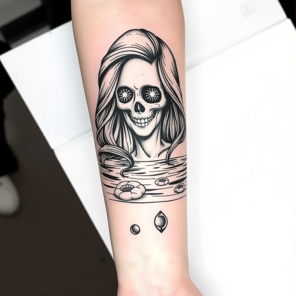 A tattoo design for a forearm, featuring a tranquil pond scene with a beautiful woman with long flowing hair floating gracefully on the surface