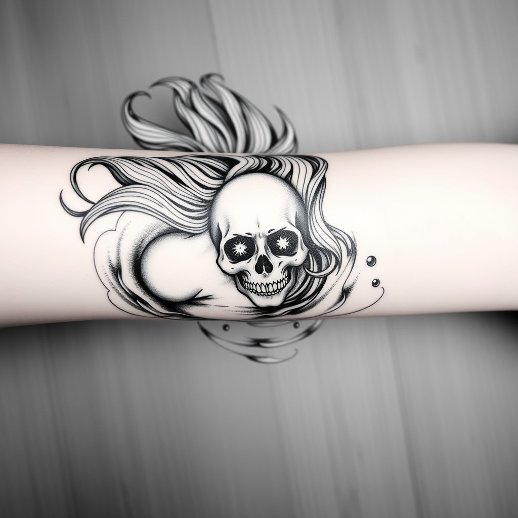 A tattoo design for a forearm, featuring a tranquil pond scene viewed from above, looking down on a beautiful woman with long flowing hair floating gracefully on the surface