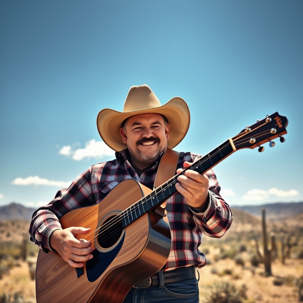 A man wearing a classic cowboy hat, playing a wooden guitar under a beautiful blue sky