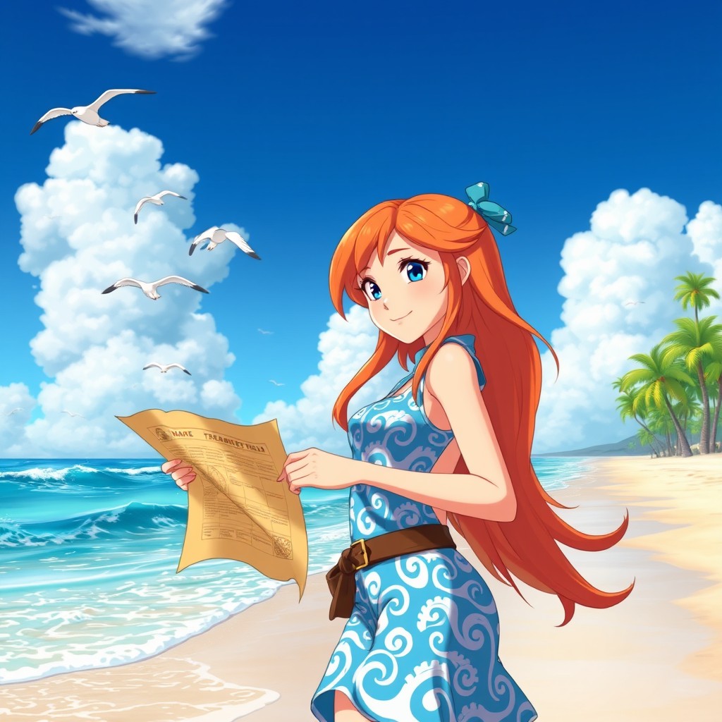 A beautiful, animated scene featuring a young woman with long orange hair, wearing a stylish blue and white outfit with a wave pattern
