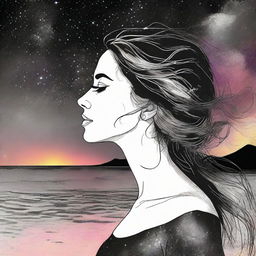 Generate a drawing of a side-profile woman against a beach sunset. Diverging galaxies in the background create an artistic transition from vivid colors to dramatic black and white.