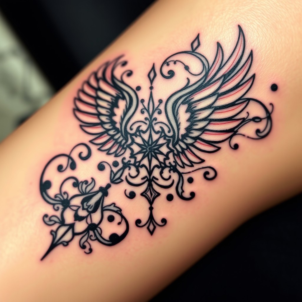 A beautifully designed tattoo featuring the ancient Persian symbol of Faravahar, intricately detailed and artistically rendered