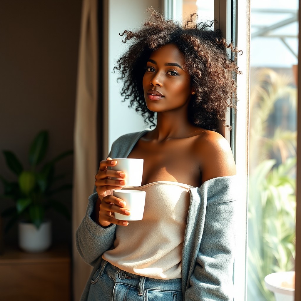A striking dark-skinned woman with curly hair, standing by a window while enjoying a cup of coffee