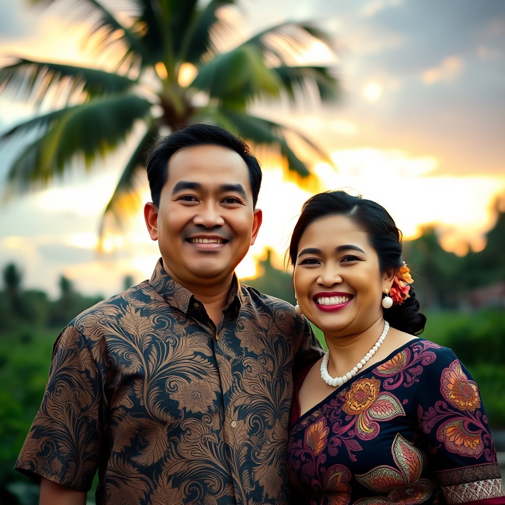 A harmonious Indonesian couple, the husband and wife, depicted in a joyful moment together