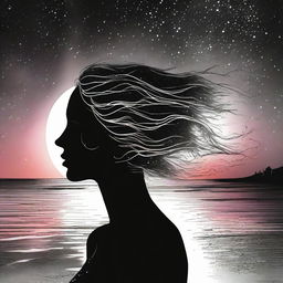 Generate a drawing of a side-profile woman against a beach sunset. Diverging galaxies in the background create an artistic transition from vivid colors to dramatic black and white.