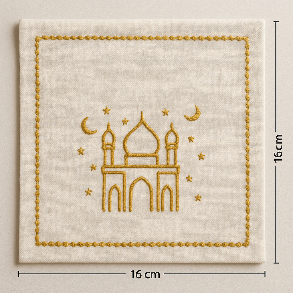 Create a napkin with satin stitch embroidery in size 16x16cm on a cotton duck  base make it look more real than ai generated