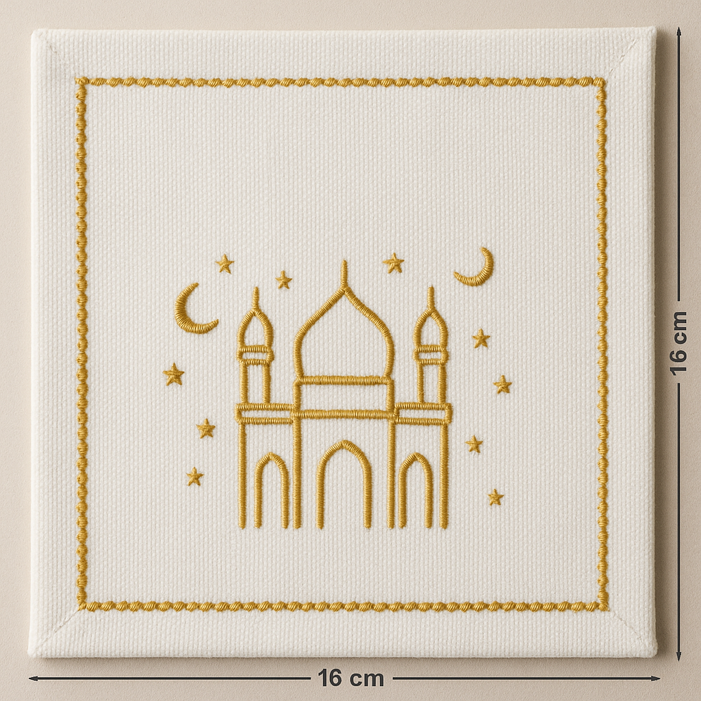 Create a napkin with satin stitch embroidery in size 16x16cm on a cotton duck  base make it look more real than ai generated make the base white