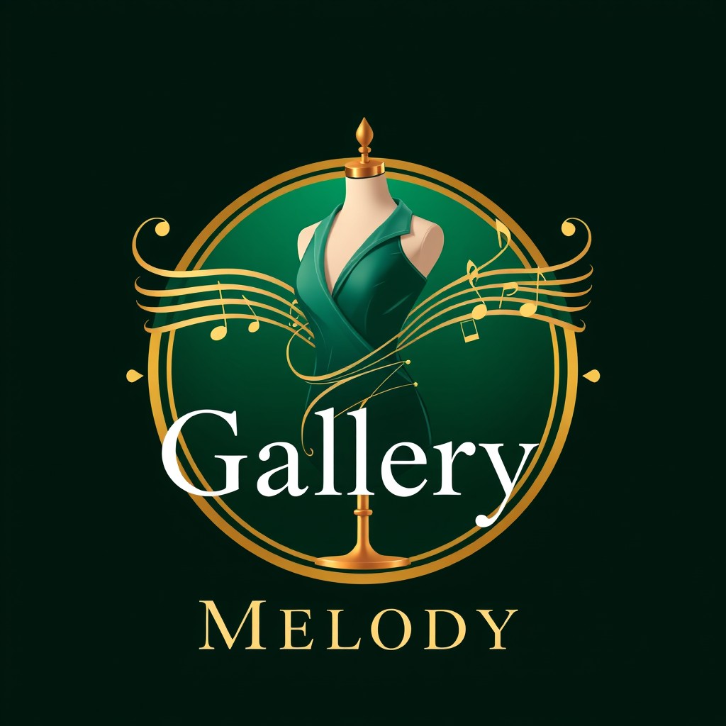 A luxury logo design for "Gallery Melody", featuring a clothing mannequin elegantly intertwined with musical notes to represent the harmony of fashion and music