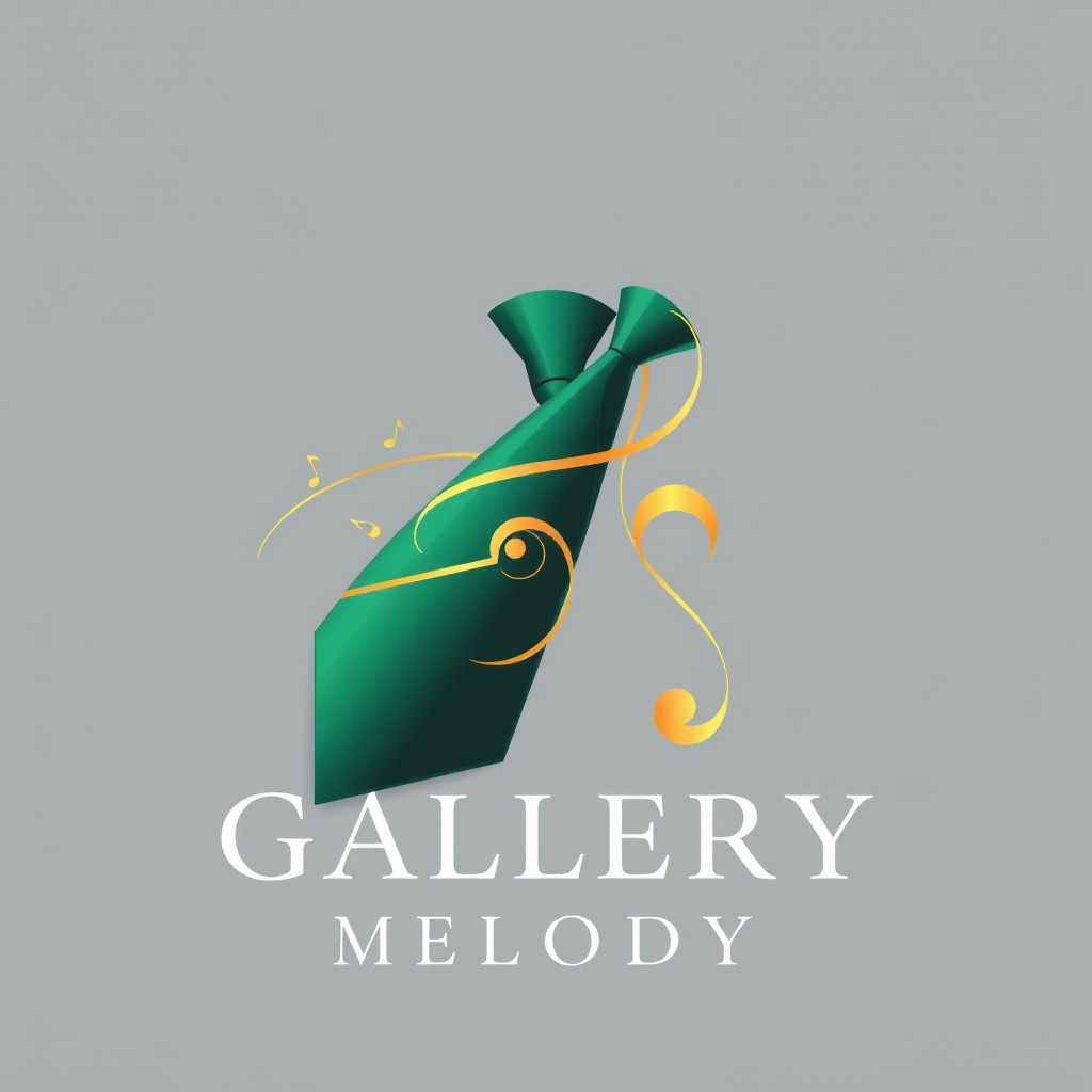 A sophisticated men's fashion logo for "Gallery Melody" that artfully incorporates a necktie intertwined with elegant musical notes