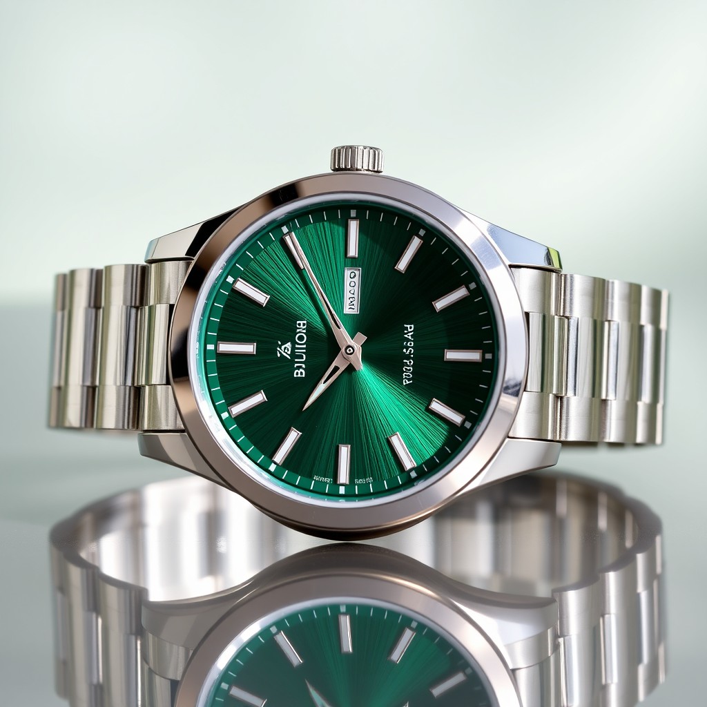 A Bulova Jet Star watch featuring a stunning green dial, with silver-tone hour markers, a stainless steel case, and a sleek design