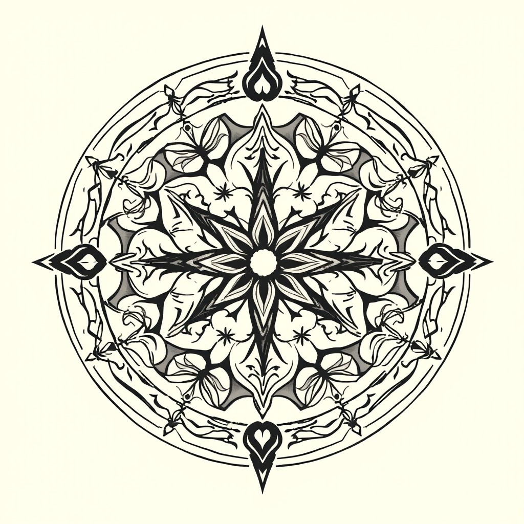 A unique and intricate tattoo design symbol featuring a blend of nature and geometry, showcasing a mandala pattern with floral elements intertwined within a circular frame