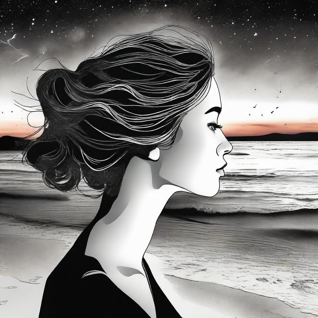 Generate a drawing of a side-profile woman against a beach sunset. Diverging galaxies in the background create an artistic transition from vivid colors to dramatic black and white.