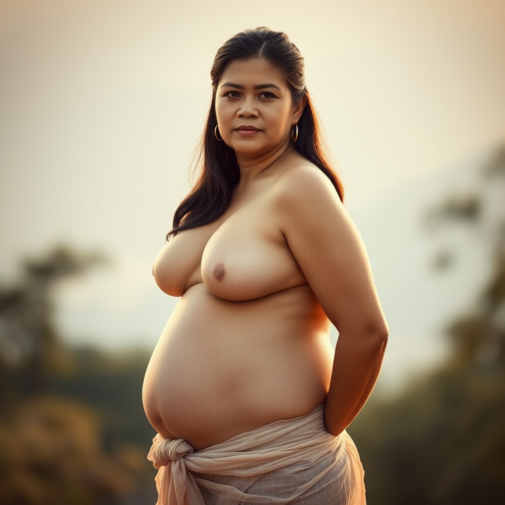 A 40-year-old Indonesian woman with a curvy figure standing confidently facing the camera