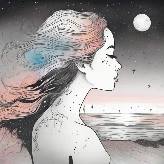 A drawing of a side face women in a sunset at the beach and galaxies that goes from colors to back and white