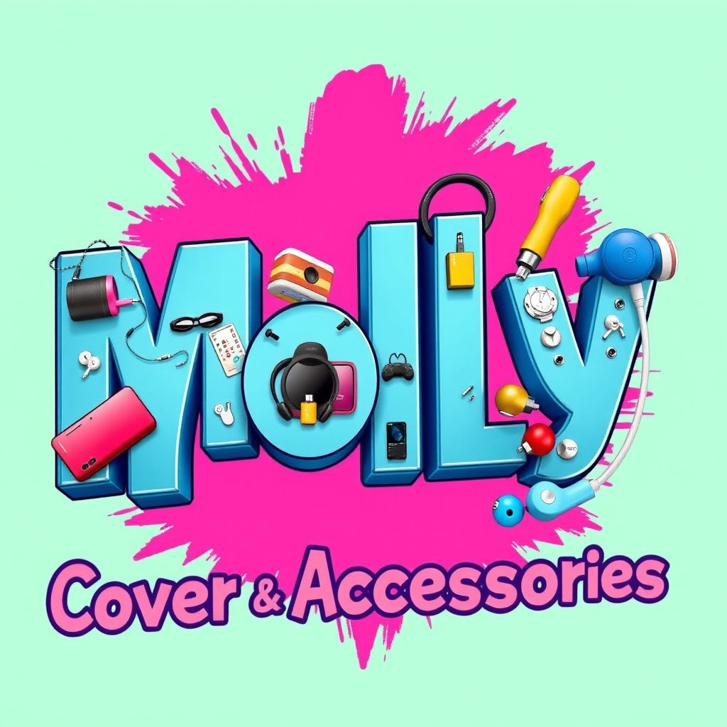 A visually engaging letter art design featuring the text "Molly Ph Cover and Accessories", creatively arranged with various phone accessories artistically integrated into the letter structure