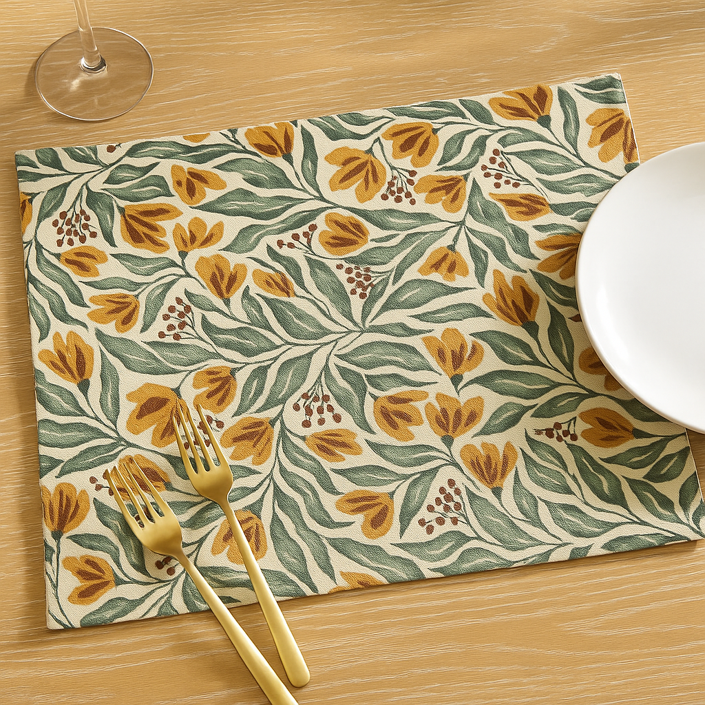 create a realistic full printed placemat on cotton canvas base, make it look more real and not ai generated