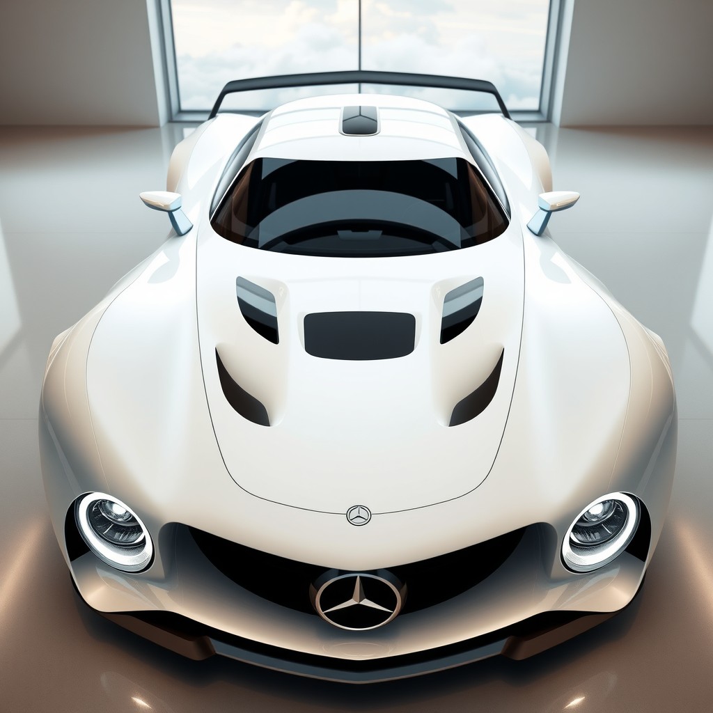A breathtaking vision of a futuristic, fully electric Mercedes hypercar designed by Banerjee, featuring a striking fastback body in a pristine hyper white finish
