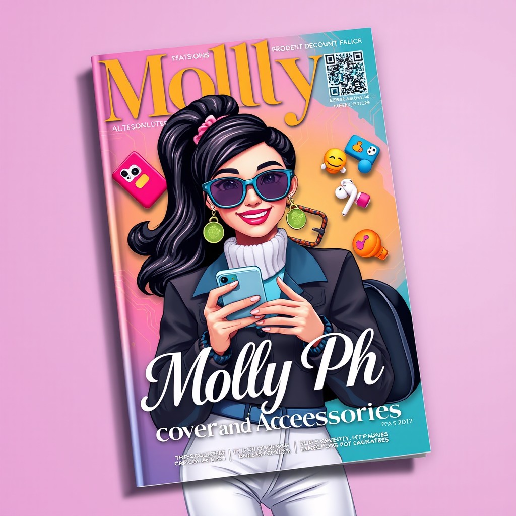 A stylish magazine cover design featuring a character named Molly, who embodies modern fashion and tech trends