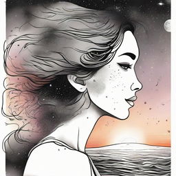 A drawing of a side face women in a sunset at the beach and galaxies that goes from colors to back and white