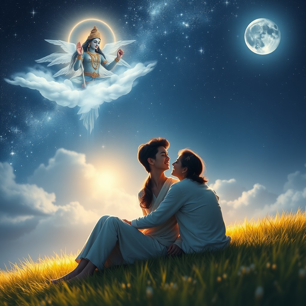 A romantic scene of a couple sitting under the open sky, with a celestial deity observing them from above