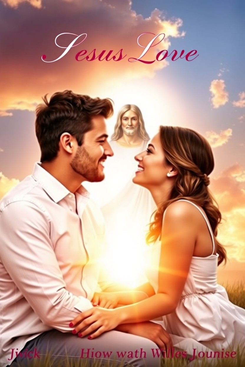 A romantic book cover featuring a couple sitting under the open sky, surrounded by a beautiful sunset