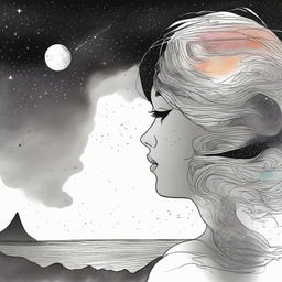 A drawing of a side face women in a sunset at the beach and galaxies that goes from colors to back and white