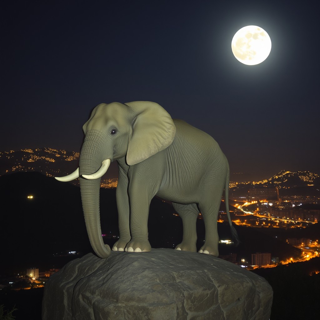 A majestic elephant standing proudly on a large rock at night, with a sprawling city illuminated by city lights in the background, sloping down the hillside