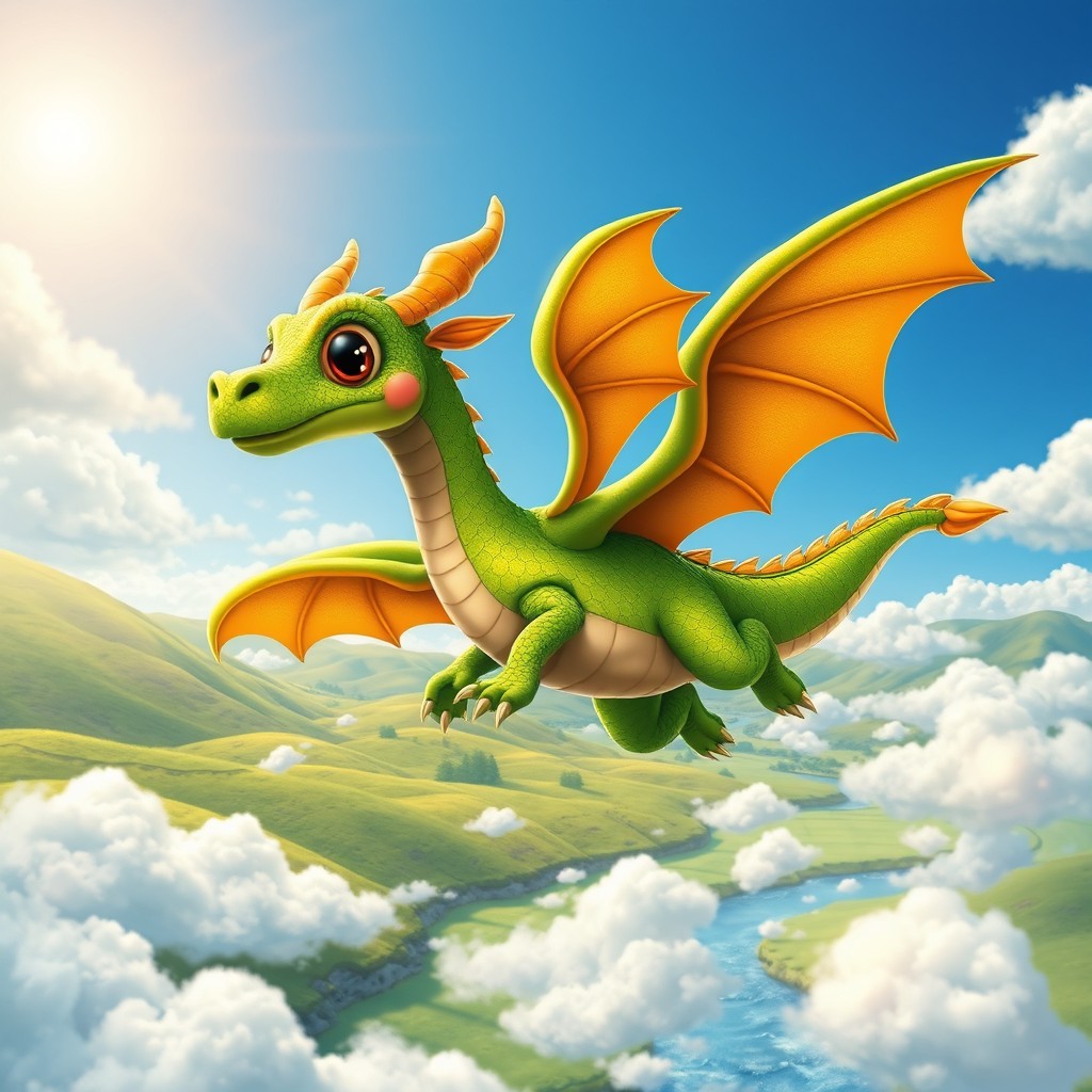A magnificent cartoon dragon soaring through a bright blue sky, its vibrant scales shimmering in shades of green and gold