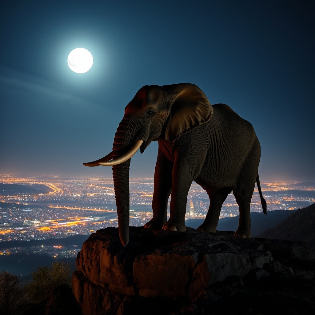 A majestic elephant standing on a rocky outcrop at night, overlooking a sprawling city illuminated by twinkling lights in the distance