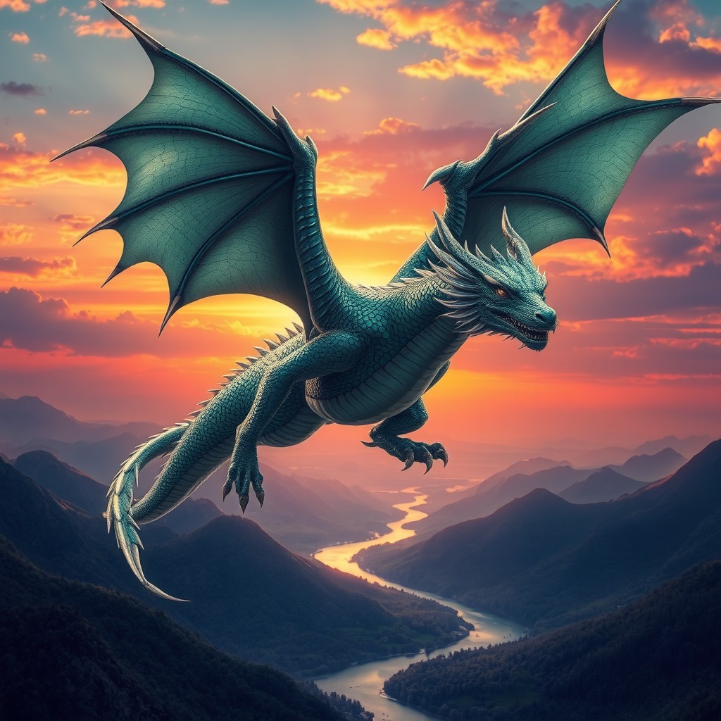 A majestic dragon soaring majestically through the sky, its scales glistening in hues of deep emerald and shimmering silver
