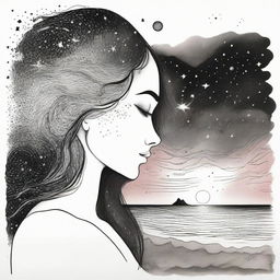 A drawing of a side face women in a sunset at the beach and galaxies that goes from colors to back and white