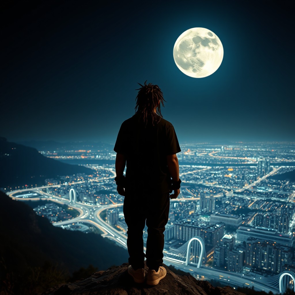 Dramatic Nightscape: Rap Artist Overlooking a City