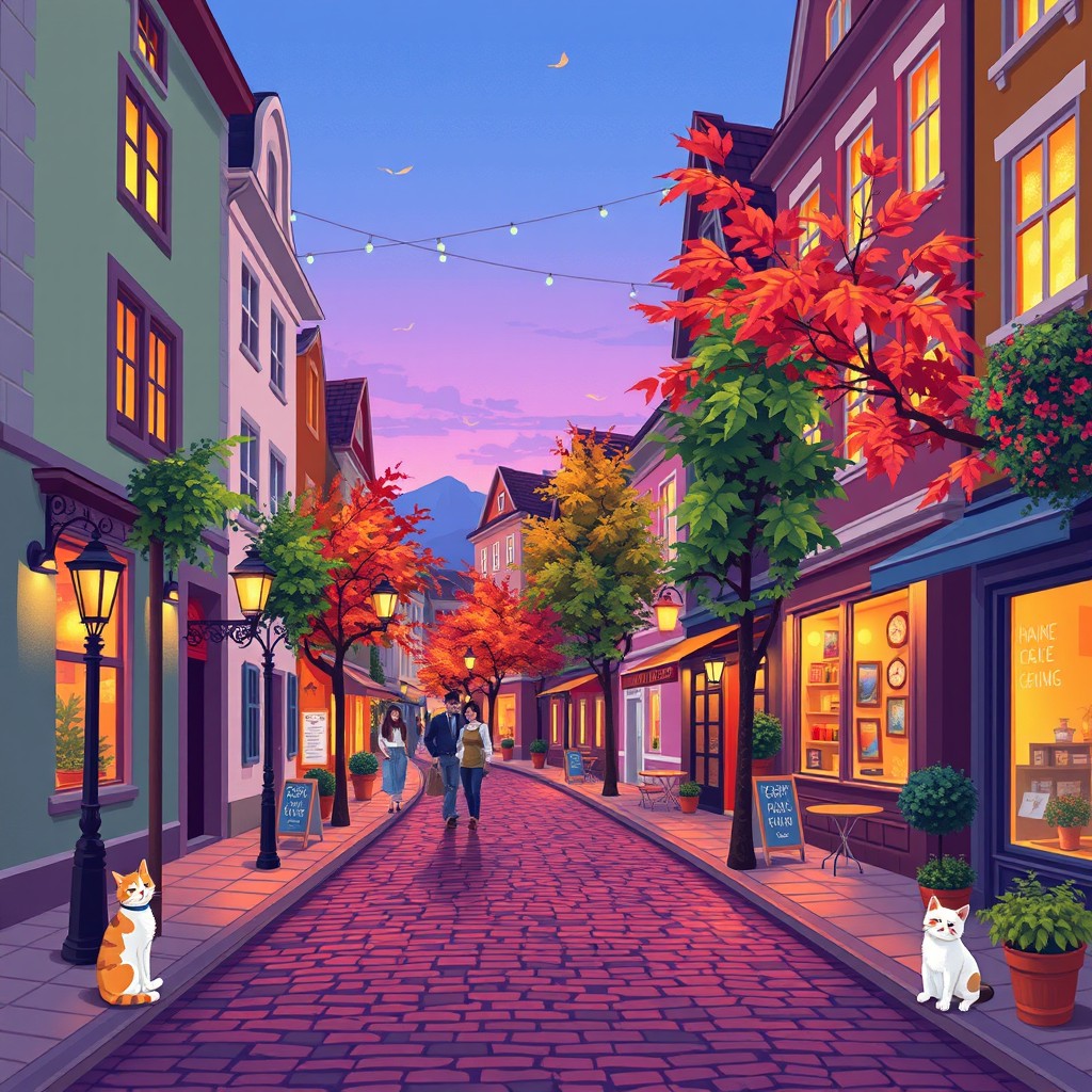 A cozy street scene depicted in vibrant pixel art style, showcasing charming buildings with warm lights in the windows and a cobblestone street