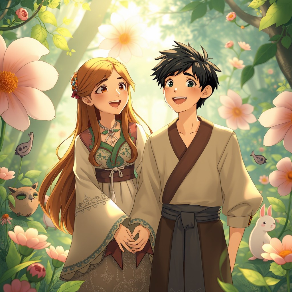 A whimsical scene straight out of a Ghibli film featuring a young woman with long, flowing hair dressed in a beautifully detailed traditional dress, surrounded by a lush, vibrant forest filled with magical creatures