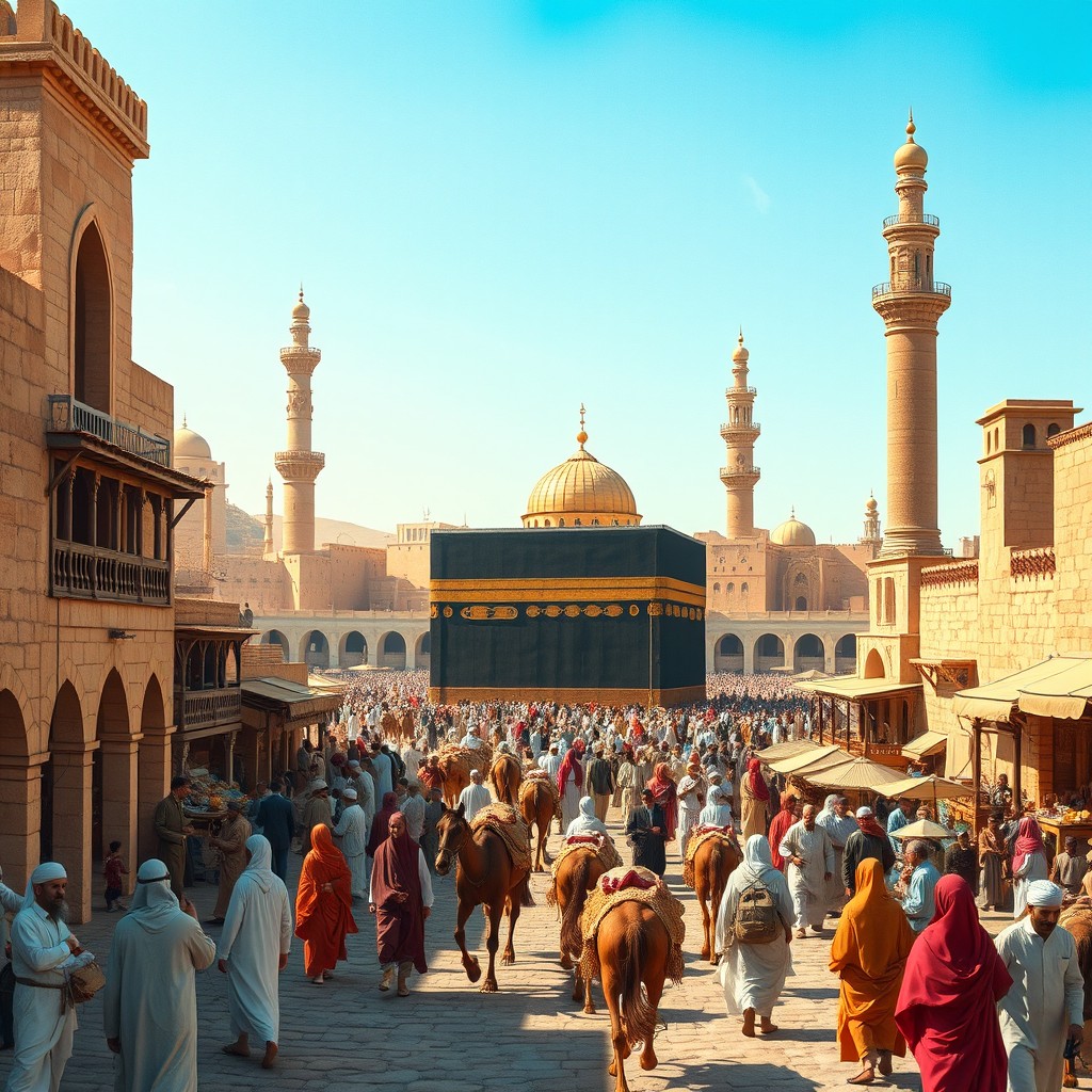 A historical scene depicting Mecca during the time of the Prophet Muhammad, showcasing traditional Arabian architecture, bustling market streets filled with people in traditional clothing, camels and horses, the Kaaba prominently in the background, surrounded by ancient structures and a clear blue sky