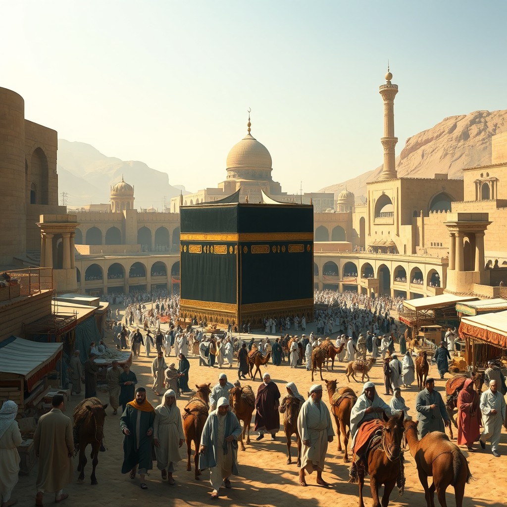 A portrayal of Mecca in the 7th century, capturing the essence of the ancient city with its distinct traditional Arabian architecture