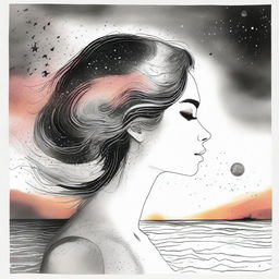 A drawing of a side face women in a sunset at the beach with colliding galaxies that goes from colors to back and white